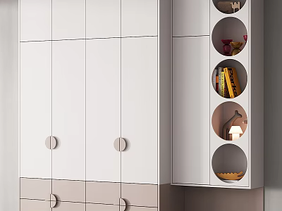 Modern Minimalist Wardrobe With White Light Gray Panels Circular Open Shelves And Drawers 3d model
