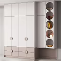 Modern Minimalist Wardrobe With White Light Gray Panels Circular Open Shelves And Drawers