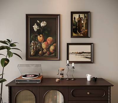 Vibrant Abstract Painting Display On Wall With Dark Cabinet Record Player And Green Plant Decor 3d model