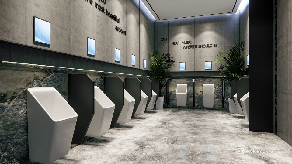 Modern Public Restroom Interior Featuring Urinals Stalls Wall Text and Green Plants 3d model 