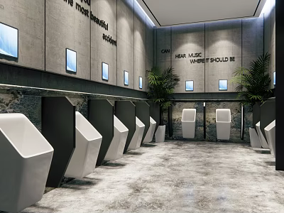 Modern Public Restroom Interior Featuring Urinals Stalls Wall Text and Green Plants 3d model