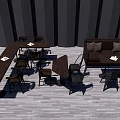 Modern Dining Table Set With Wooden Table Chairs And Brown Sofa 3d model