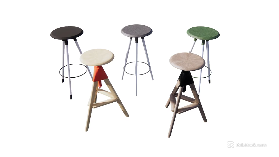 Various Colored Bar Stools With Metal And Wooden Leg Design Styles 3d model 