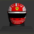 Red Ferrari Racing Helmet With Santander Text And VELAS Brand On Black Base Stand