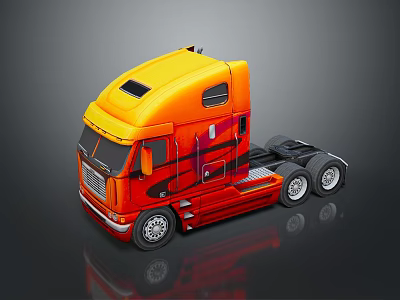 Orange Red Semi Truck Cab with Decorative Design Shiny Surface and Large Wheels 3d model