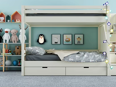 Light Colored Children's Bunk Bed With Storage Drawers Stuffed Toys Decorative Paintings And String Lights 3d model
