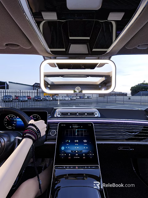 Car Rearview Mirror With LED Light In Interior Featuring Steering Wheel And Infotainment Screen 3d model 