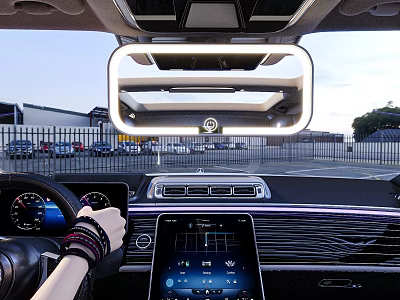 Car Rearview Mirror With LED Light In Interior Featuring Steering Wheel And Infotainment Screen 3d model