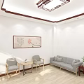 Chinese Style Living Room With Wooden Partition Round Window And Lotus Painting On Wall