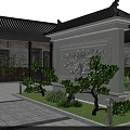 Traditional Ancient Chinese Architecture Courtyard with Carved Stone Screen Pine Trees and Tiled Roof