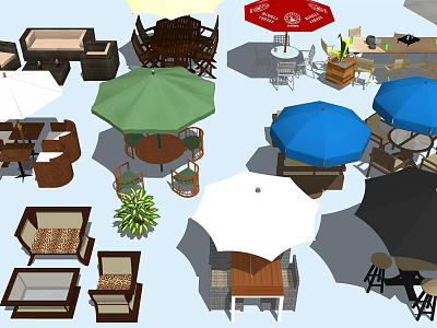 Outdoor Table and Chair Sets with Various Colored Umbrellas Rattan Seats and Green Plants 3d model