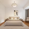 Modern Bedroom Interior With Cozy Bed Wooden Floor Large Window Curtains And Round Ceiling Light