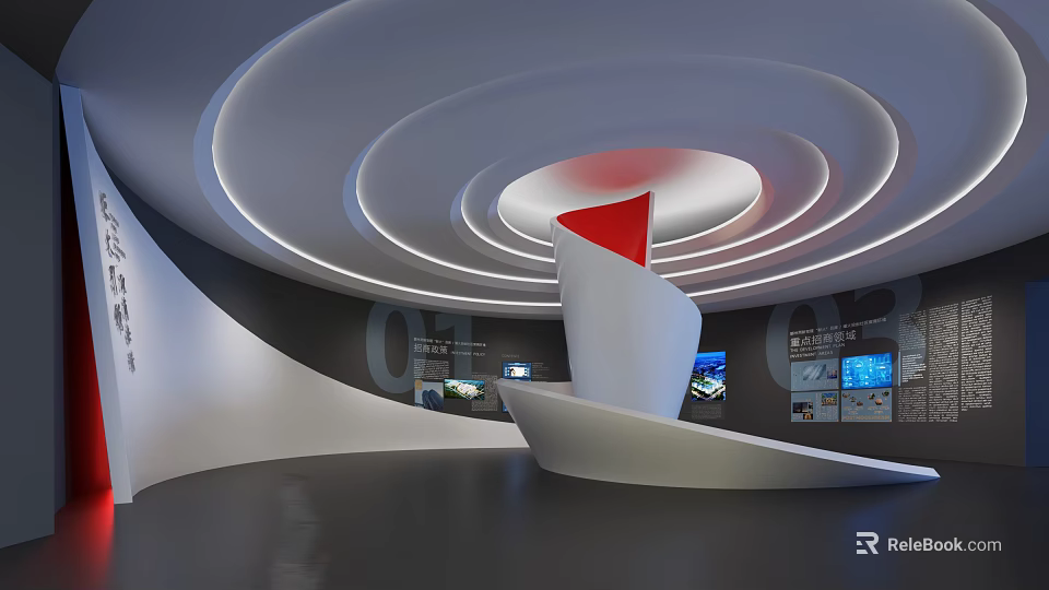 Modern Exhibition Space Interior With Spiral Ceiling Red Triangular Element And Display Screens 3d model