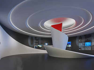 Modern Exhibition Space Interior With Spiral Ceiling Red Triangular Element And Display Screens 3d model