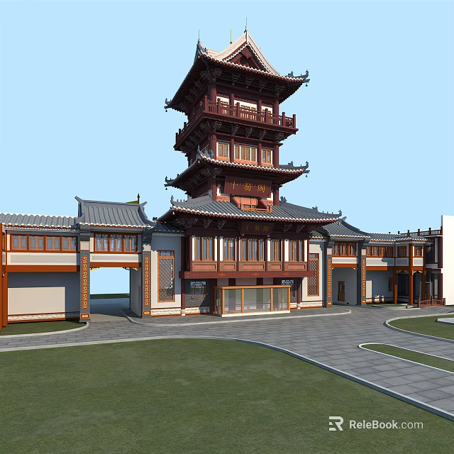 Ancient Chinese Architecture Featuring Multi Story Tower Overhanging Eaves and Courtyard Gateway 3d model 