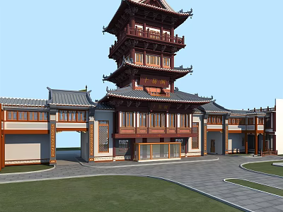 Ancient Chinese Architecture Featuring Multi Story Tower Overhanging Eaves and Courtyard Gateway 3d model