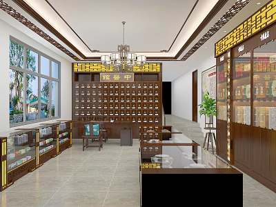 Traditional Chinese Medicine Shop Interior With Wooden Cabinets Chandelier And Display Counters 3d model