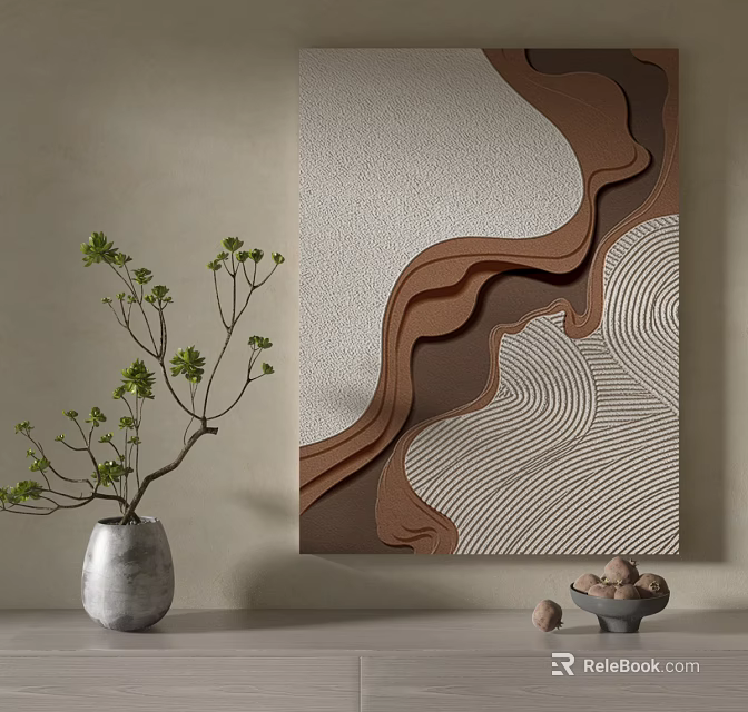 Abstract Art Painting With Wavy Patterns Silver Vase Green Branches And Pebbles 3d model 