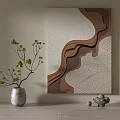 Abstract Art Painting With Wavy Patterns Silver Vase Green Branches And Pebbles