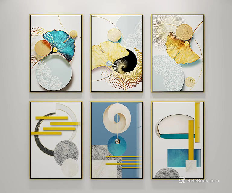 Modern Abstract Framed Wall Art With Geometric Shapes And Colorful Elements 3d model