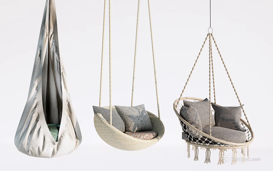 Outdoor Hanging Chairs In Different Styles With Rope Weave Fabric Cushions And Tassels 3d model 