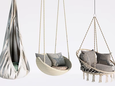 Outdoor Hanging Chairs In Different Styles With Rope Weave Fabric Cushions And Tassels 3d model