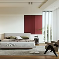 Modern Bedroom Interior With Bed Nightstand Red Curtains Accent Chair And Rug