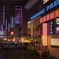 Funkytown Restaurant Interior With Purple Decor Hanging Signs Green Plants And Red Green Chairs