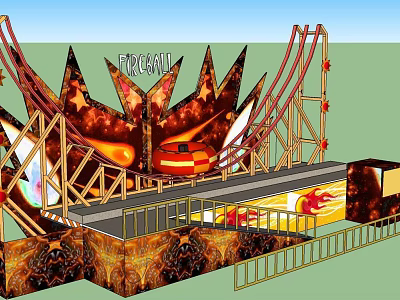 Fireball Amusement Ride with Curved Tracks Flame Elements and Decorative Structures 3d model