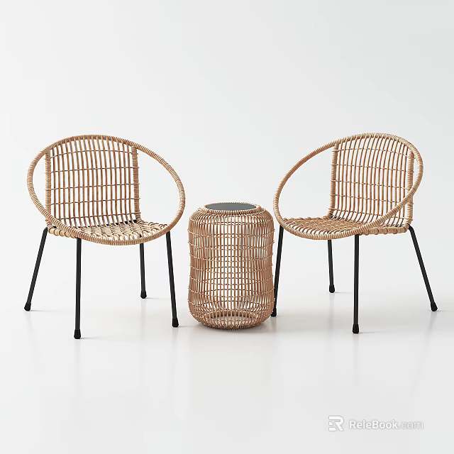 Two Modern Rattan Leisure Chairs With Black Legs And Rattan Side Table 3d model 