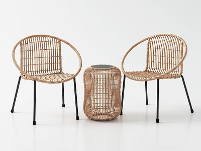 Two Modern Rattan Leisure Chairs With Black Legs And Rattan Side Table 3d model