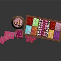 Wooden Table With Divided Compartments Holding Colorful Candies Pink Boxes Small Jars And Wooden Barrel