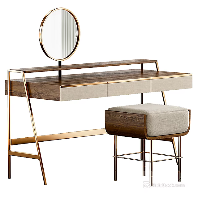 Modern Dressing Table With Round Mirror Gold Metal Frame Wooden Top Drawers And Upholstered Stool 3d model 