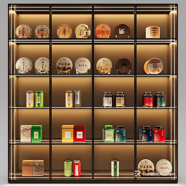 Traditional Tea Sets Display On Modern Multi Layer Shelves With Various Tea Cakes And Colorful Cans 3d model 