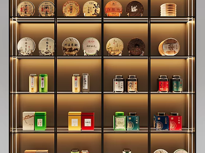 Traditional Tea Sets Display On Modern Multi Layer Shelves With Various Tea Cakes And Colorful Cans 3d model