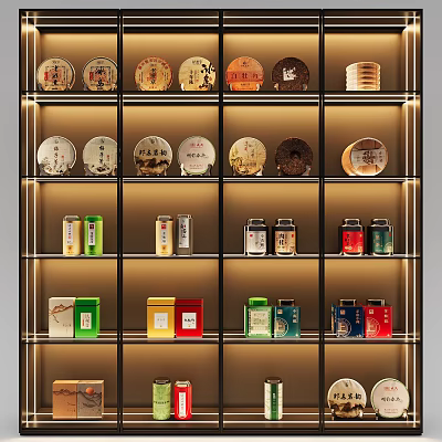 Traditional Tea Sets Display On Modern Multi Layer Shelves With Various Tea Cakes And Colorful Cans 3d model