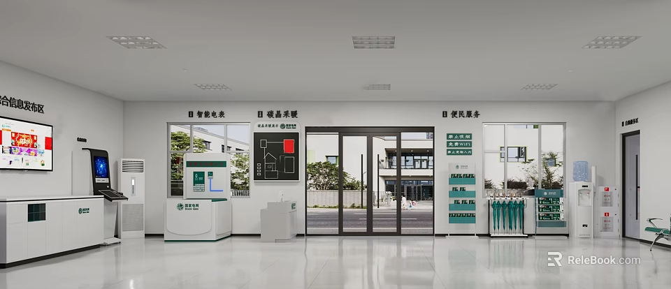 Modern Office Reception Area With White Desk Digital Screen Glass Doors And Clean Entrance Space 3d model 