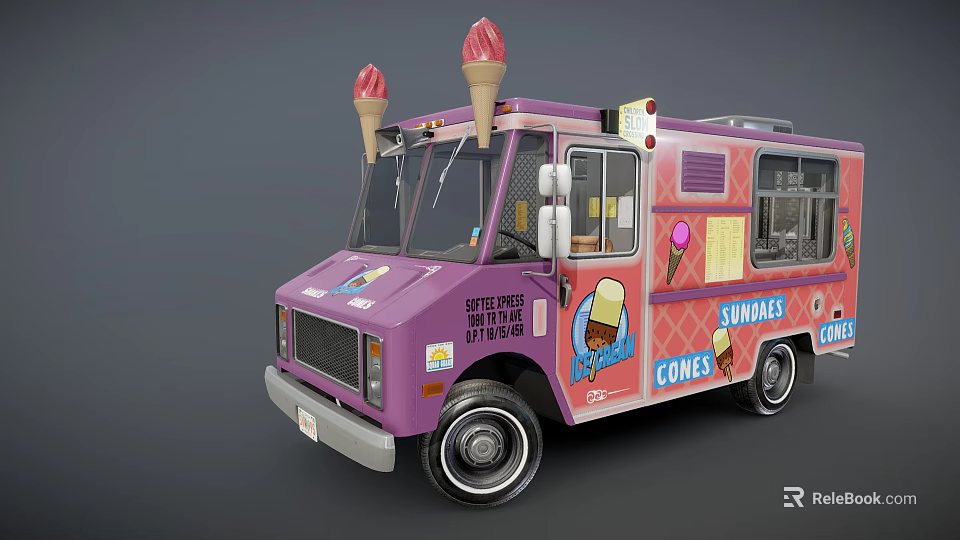 Purple Ice Cream Truck With Cones On Top And Swirla Branding 3d model 