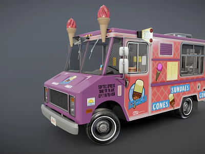 Purple Ice Cream Truck With Cones On Top And Swirla Branding 3d model