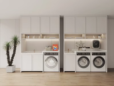Modern White Bathroom Cabinet Rack With Washing Machines Storage Built in Lighting And Potted Plant 3d model