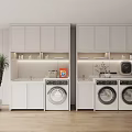 Modern White Bathroom Cabinet Rack With Washing Machines Storage Built in Lighting And Potted Plant