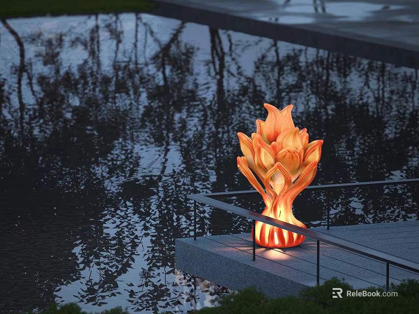 Stylish Flame Shaped Outdoor Light On Waterfront Platform With Tree Reflections 3d model 