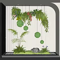 Lush Indoor Landscape With Hanging Spherical Plants Ground Greenery And Stone