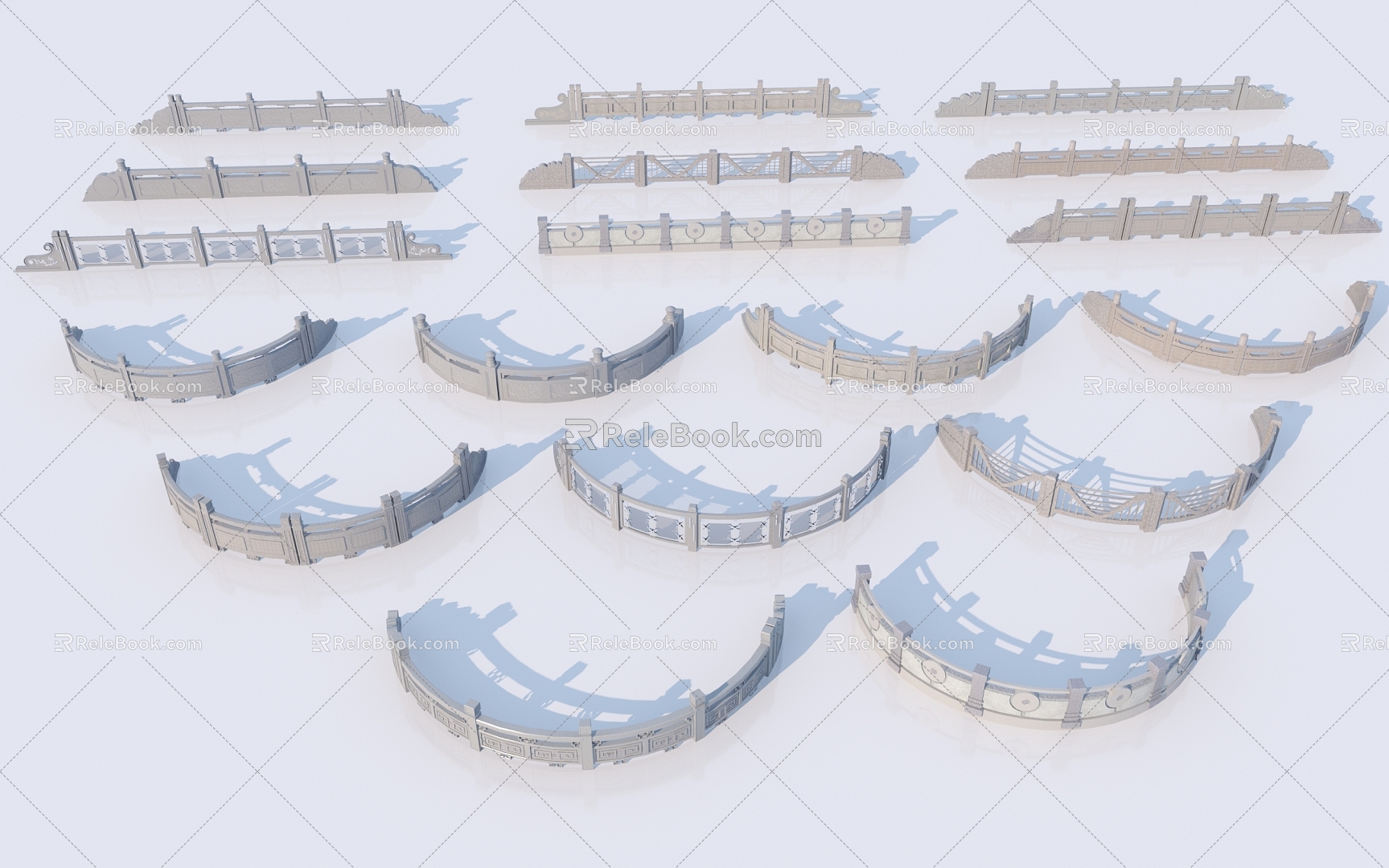 Chinese Bridge Stone Railings Collection 3D Model 3d model