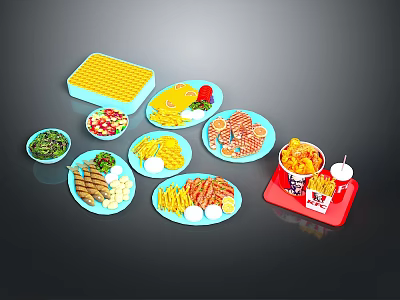 Assorted Food Plates With Fries Salad Skewers Vegetables Sauces And Red Container 3d model