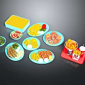 Assorted Food Plates With Fries Salad Skewers Vegetables Sauces And Red Container