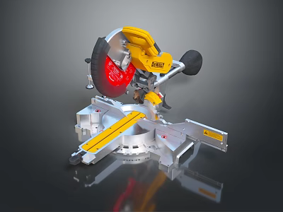 Yellow Household Miter Saw with Red Blade and Silver Base for Home DIY Cutting Projects 3d model