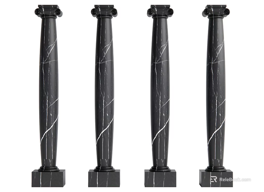 Four Black Marble Decorative Columns With Textured Surface For Interior Design 3d model 