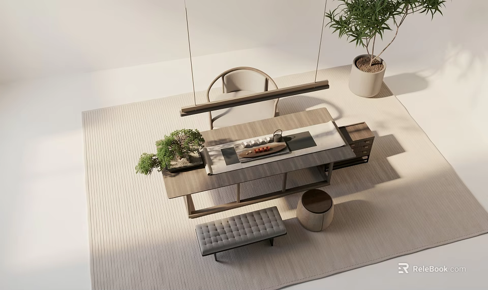 Modern Wooden Tea Table and Chairs with Hanging Lights and Potted Plants on Indoor Rug 3d model 