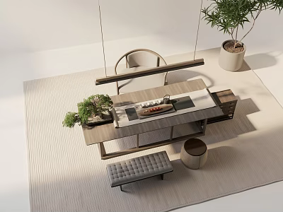 Modern Wooden Tea Table and Chairs with Hanging Lights and Potted Plants on Indoor Rug 3d model